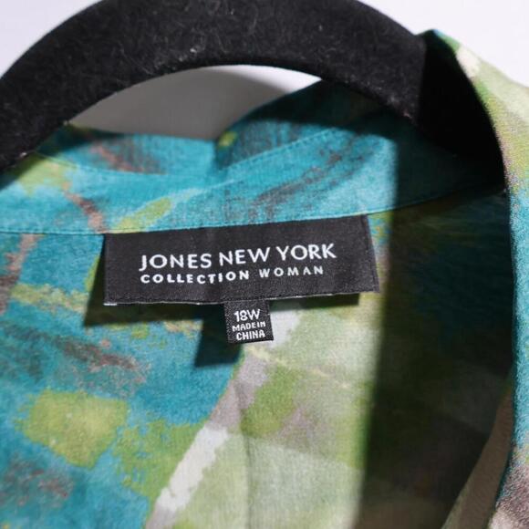 Jones NY 100% Silk Button Up Top Long Sleeve Blue Green Abstract Office Art 18 W - Picture 2 of 7